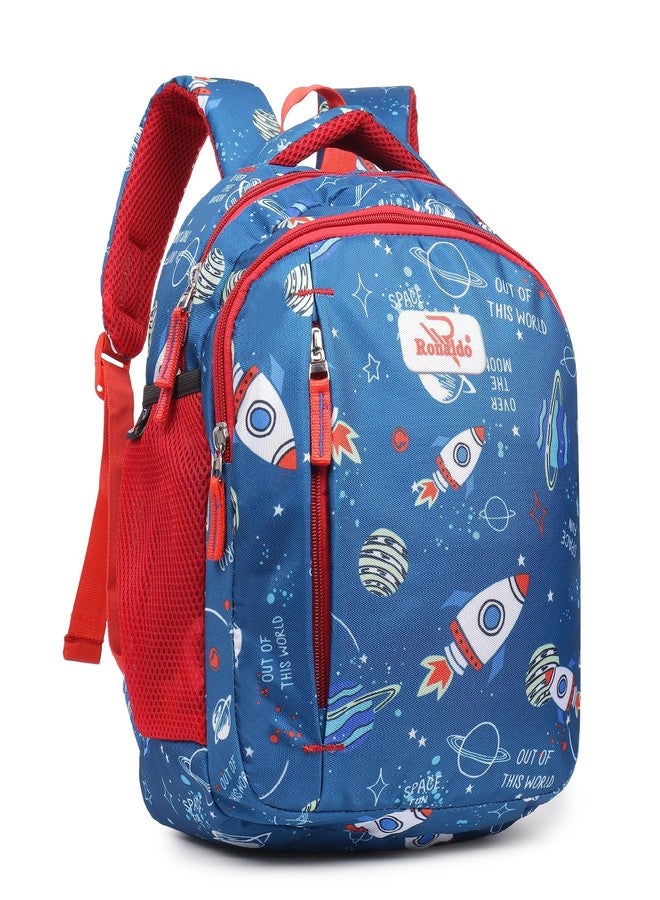 Ronaldo School Bag Space Adventure Kids Backpack Colorful Astronaut Print for Boys and Girls Ages 3-7 Years (Airforce Blue) - Image 1